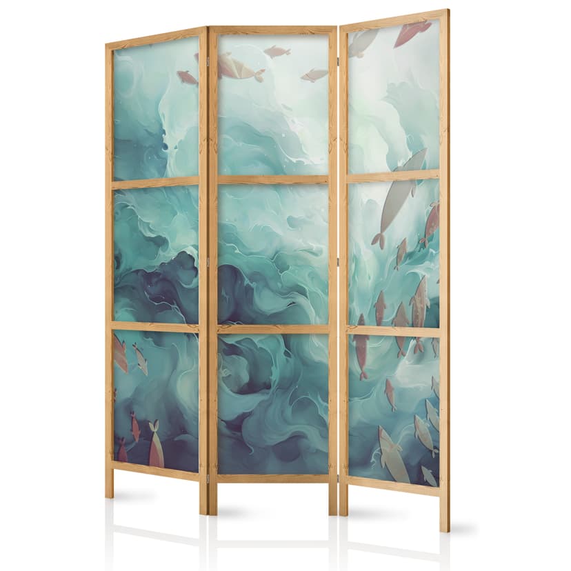 Japanischer Paravent Raumteiler - Escaping Fish in Muted Colors Among Ocean Depths, 3-teilig