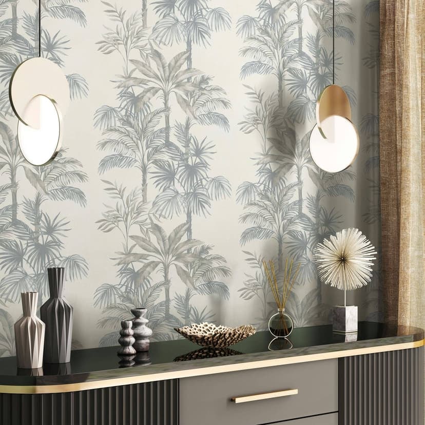 Non-woven tapet i beige träd löv djungel blommig natur