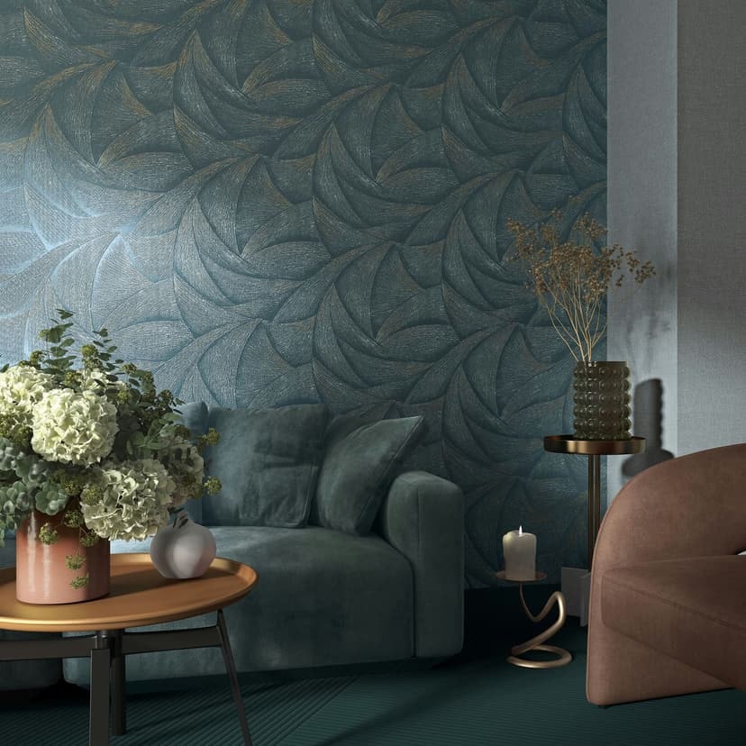 Non-woven tapet i blått, silver 3D-look vågor grafisk modern