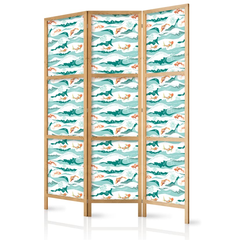 Japanischer Paravent Raumteiler - Fish Jumping Over Waves, 3-teilig