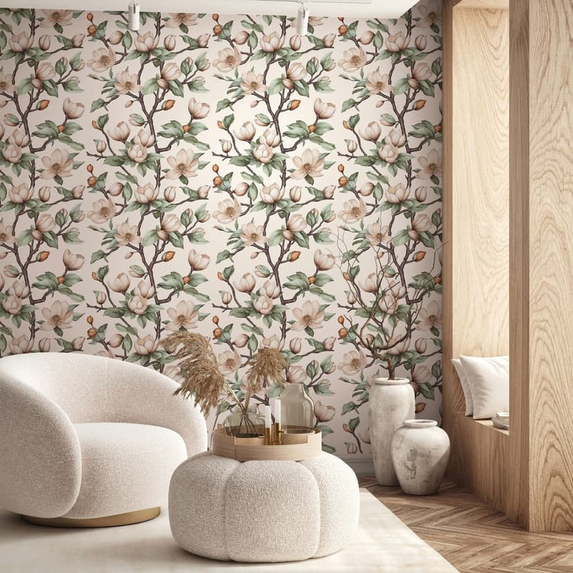 Icke-vävd tapet grenar, blommor blommig natur matt i beige brun grön