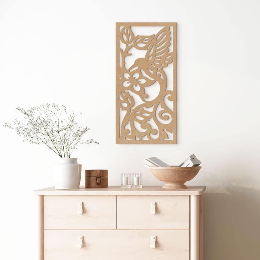 Väggdekoration kolibri blommor - MDF natur