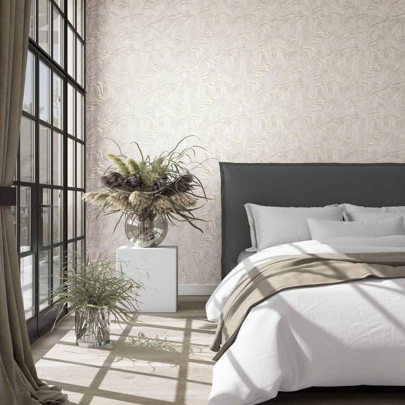 Non-woven tapet med blad i betonglook beige floral