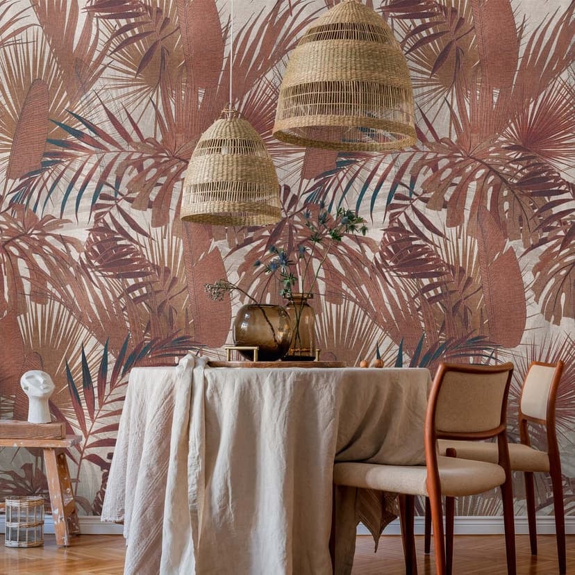 Djungel röda palmblad non-woven Fototapet natur för vardagsrum