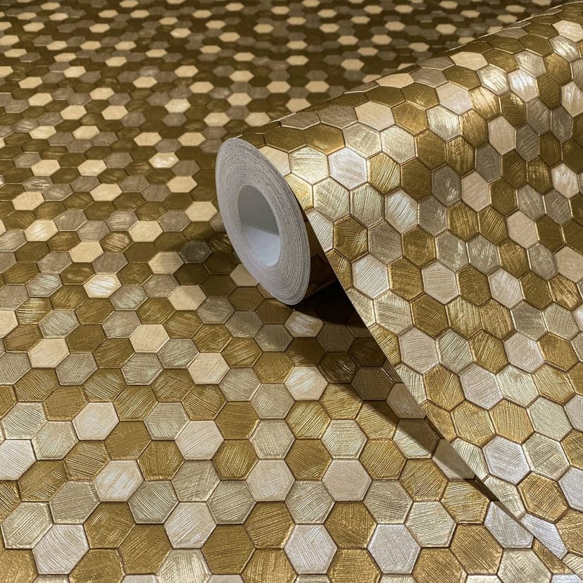 Icke-vävd tapet hexagonal, metallplattor ser moderna ut, geometriska glänsande i guld