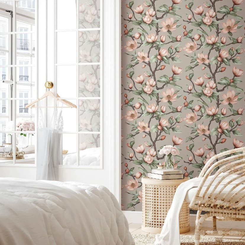 Icke-vävd tapet grenar, blommor blommig natur matt i gråbrun grön