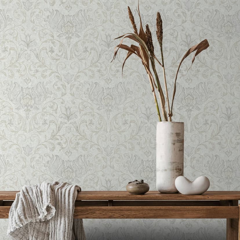 Non-woven tapet med blommor, blad ornamental glänsande vit, grå blommig
