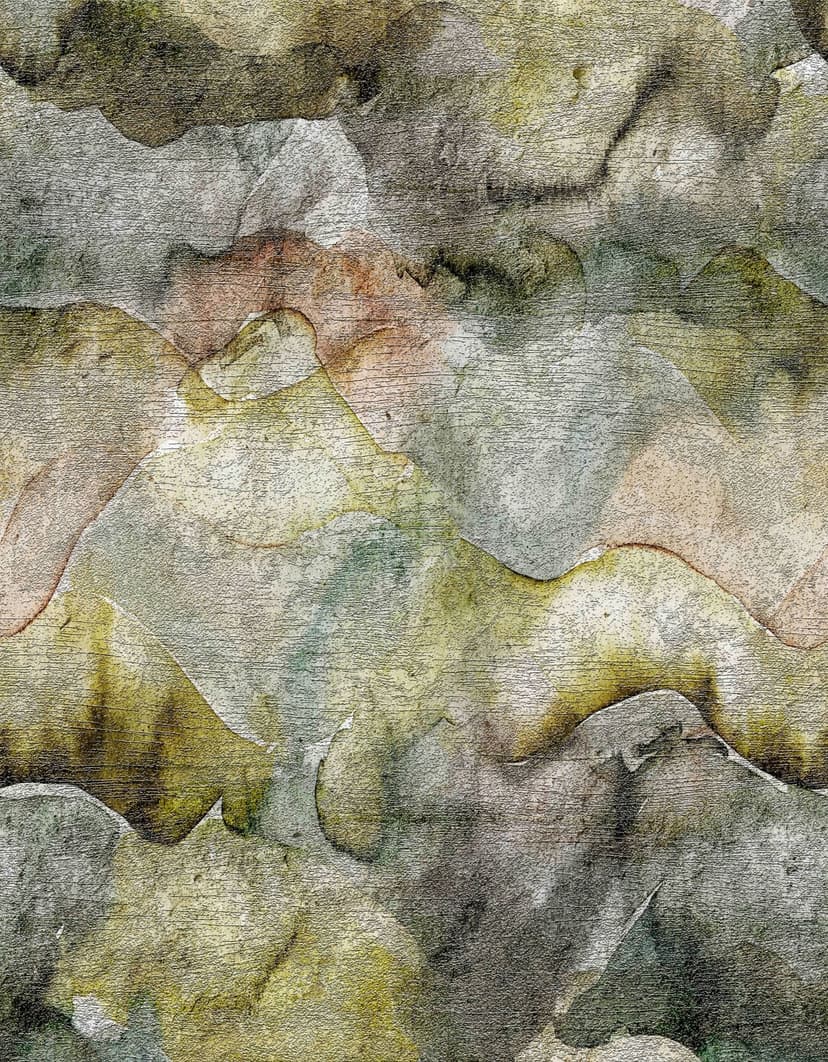 Fototapet med bergslandskap i akvarell i mossgrönt och gråblått med patina 3,4 x 2,65 m