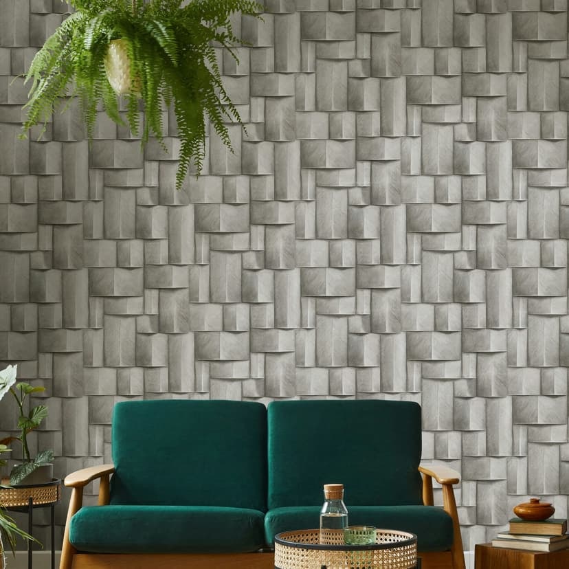 Non-woven tapet med geometriskt trämotiv vit, brun 3D-look