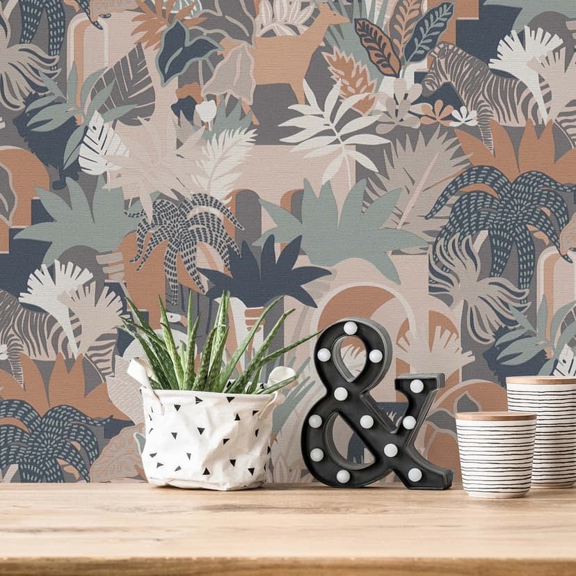 Djungel stil tapet brun rosa - vintage non-woven tapet växter löv
