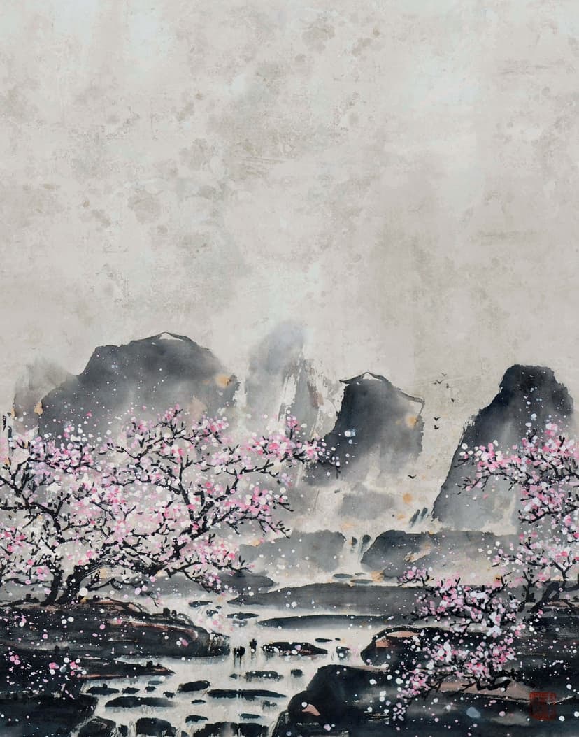 Fototapet Körsbärsblommor i dimman med berg i grå och mjuka rosa toner 2,7 x 2,12 m