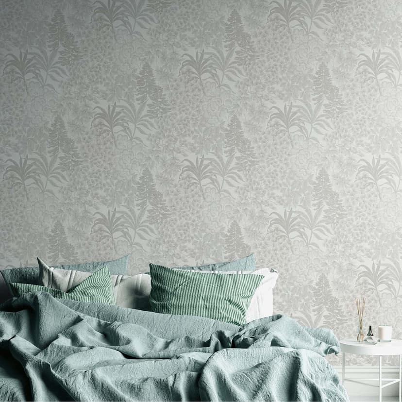 Växt tapet med blad vit, grå - modern non-woven tapet djungelmönster tapet