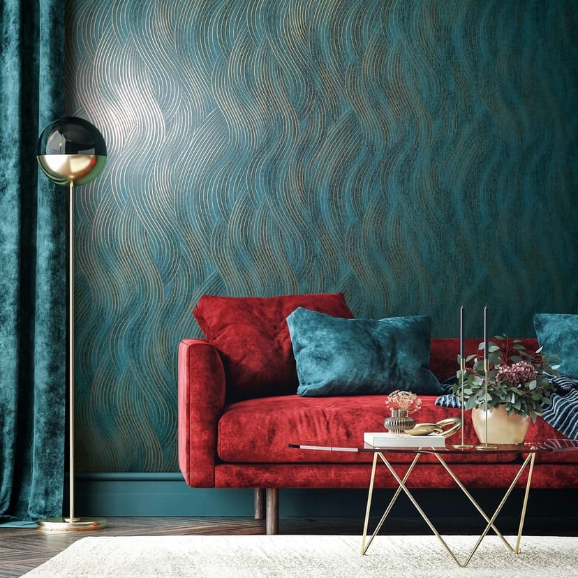 Non-woven tapet i grönt, guld våg look textur grafisk modern