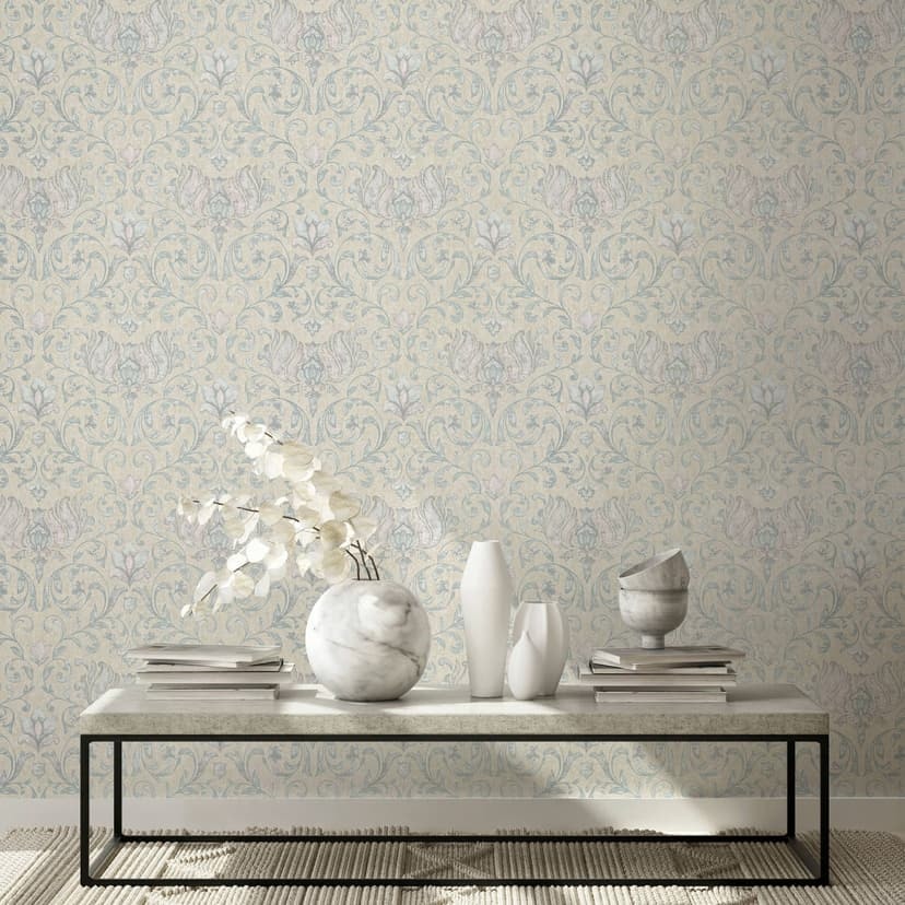 Non-woven tapet med blommor, blad ornamental glansig beige blommig