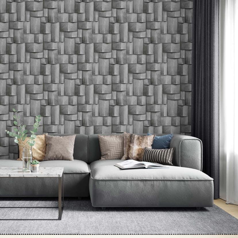 Non-woven tapet med geometriskt trämotiv i grå 3D-look
