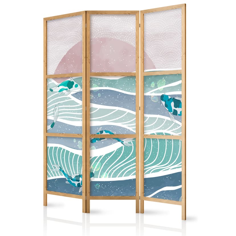 Japanischer Paravent Raumteiler - Koi Fish Among Waves, 3-teilig