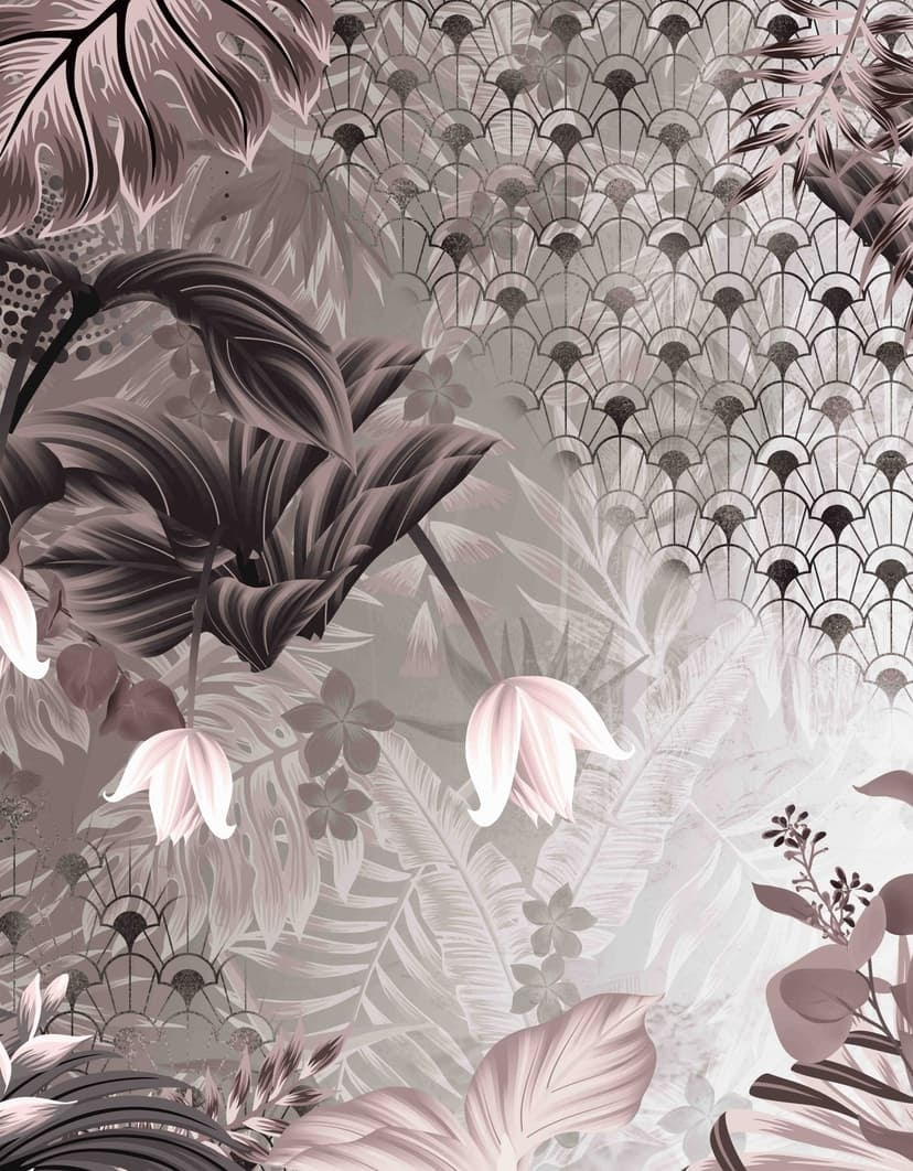 Fototapet med motiv av en art deco-rana i greige med blad och solfjädermönster 3,4 x 2,65 m