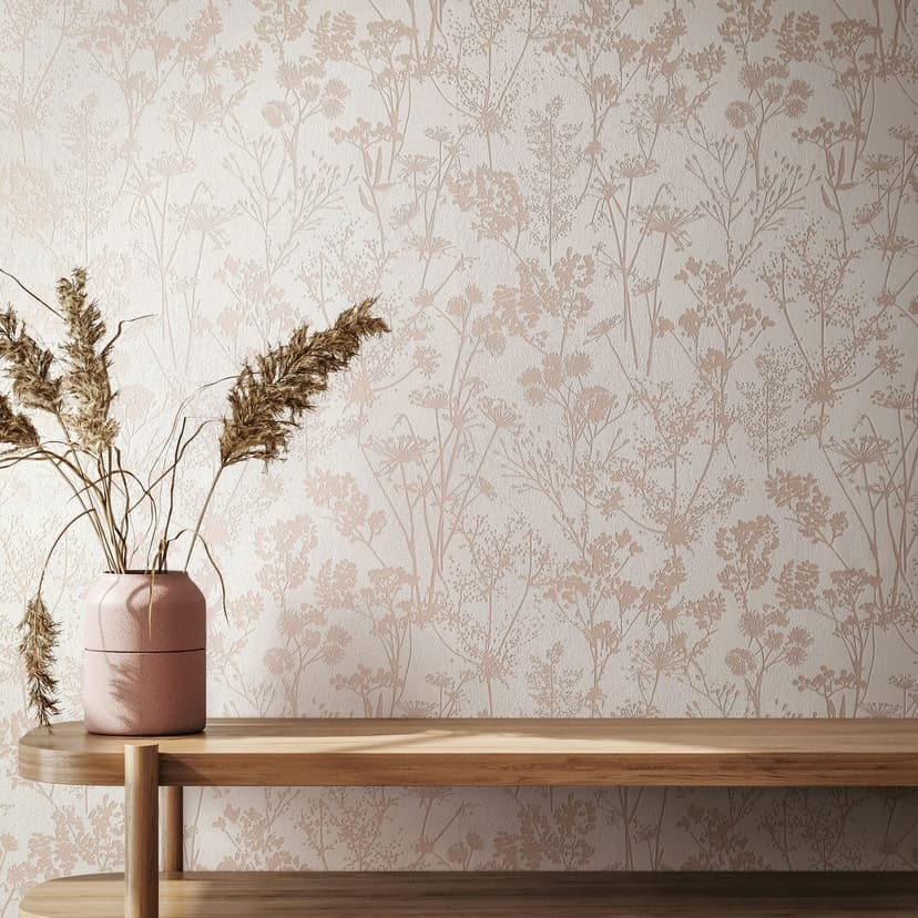 Non-woven tapet i vitt, beige bladmotiv bladlook blommig natur