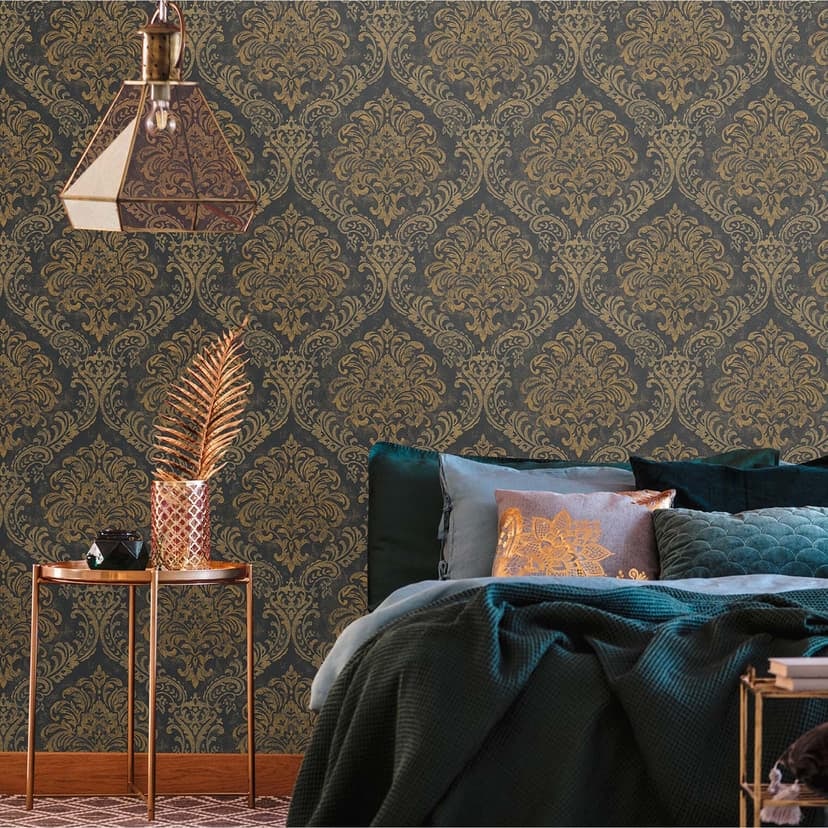Barock tapet svart guld - lyxig vintage non-woven tapet med ornament