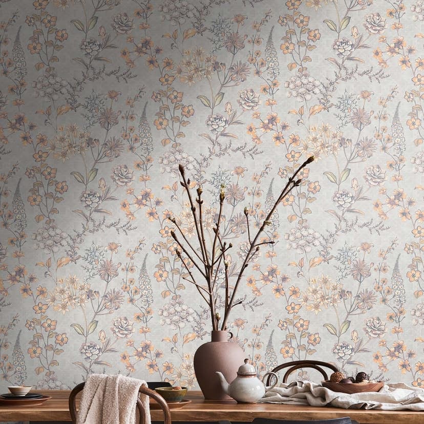 Lantgård tapet löv, växter, blommor - non-woven tapet grå orange vintage blommig tapet