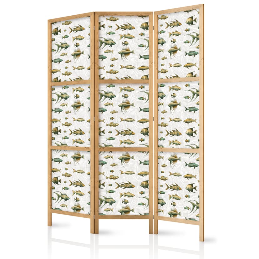 Japanischer Paravent Raumteiler - Fish in Beige Tones Presented in Vintage Style, 3-teilig