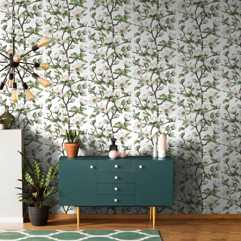 Icke-vävd tapet grenar, blommor blommig natur vit grön