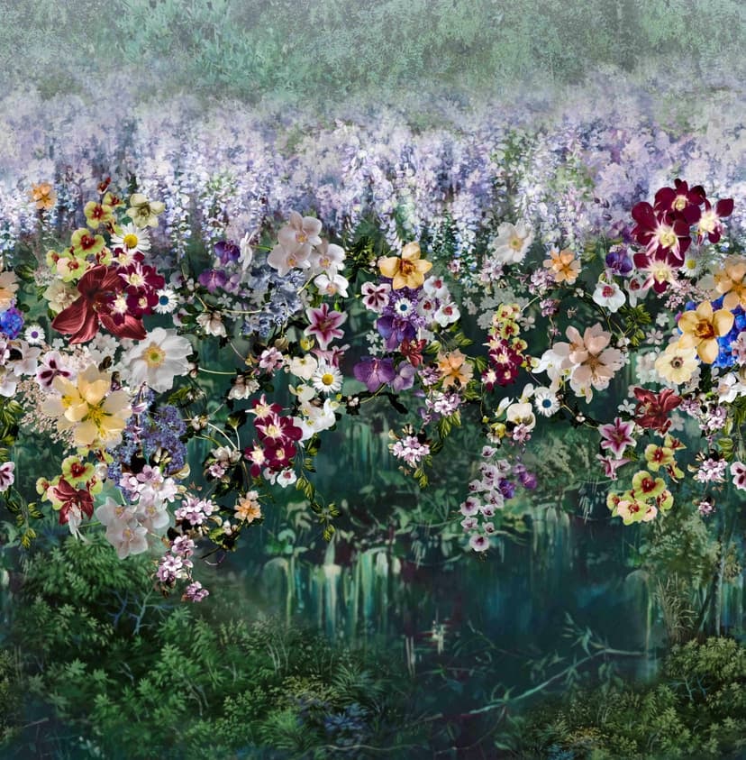 Fototapet Vildblomsäng med blomstermix i lila och grädde 2,7 x 2,65 m