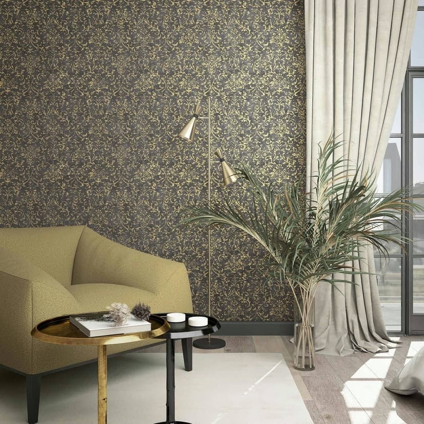 Non-woven tapet med ornamental betonglook svart ornament
