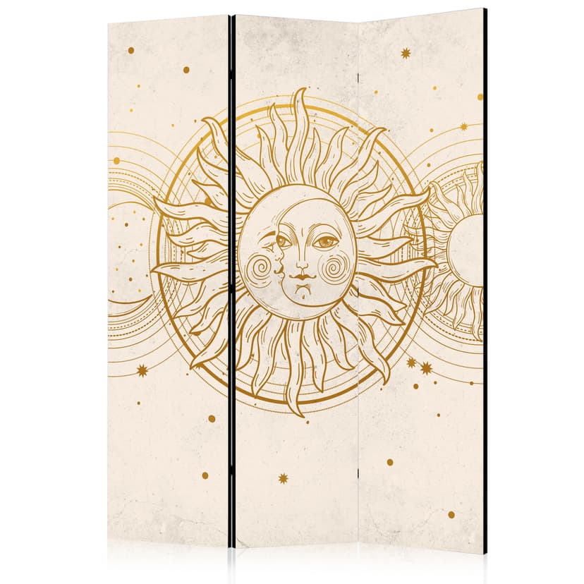 Paravent, Raumteiler freistehend, Trennwand - Golden Sun and Moon - Artistic Retro Style Illustrati