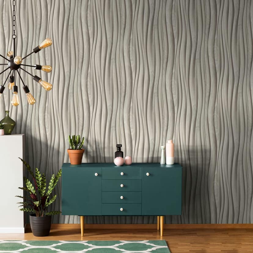 Non-woven tapet i beige 3D-effekt trälook panelstruktur trä modern