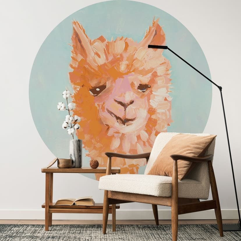 Fototapet med djurmotiv - Orange alpacka - Zwara - Rund - non-woven tapet/självhäftande non-woven ta