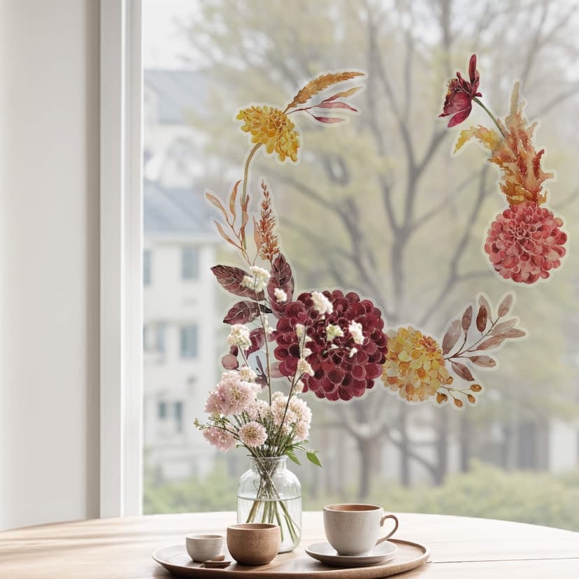 Fönsterbild krans av höstblommor
