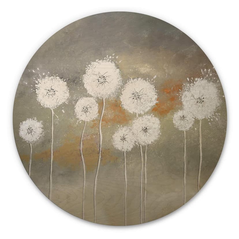 Trätavla med blommotiv - Vita maskrosor runda - Melz