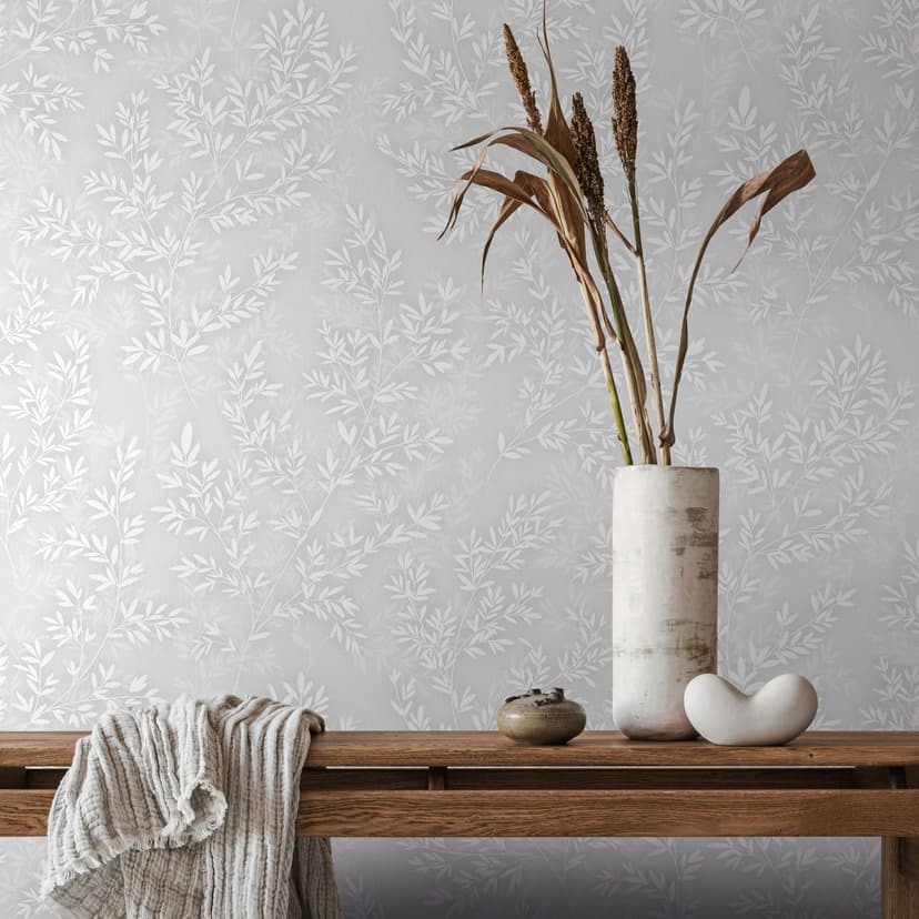 Icke-vävd tapet blad blommor natur matt i gråvitt