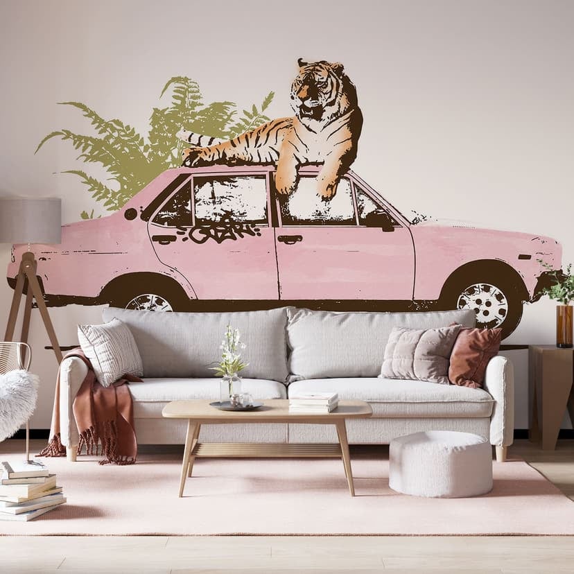 Tiger på rosa bil Fototapet - Bodart