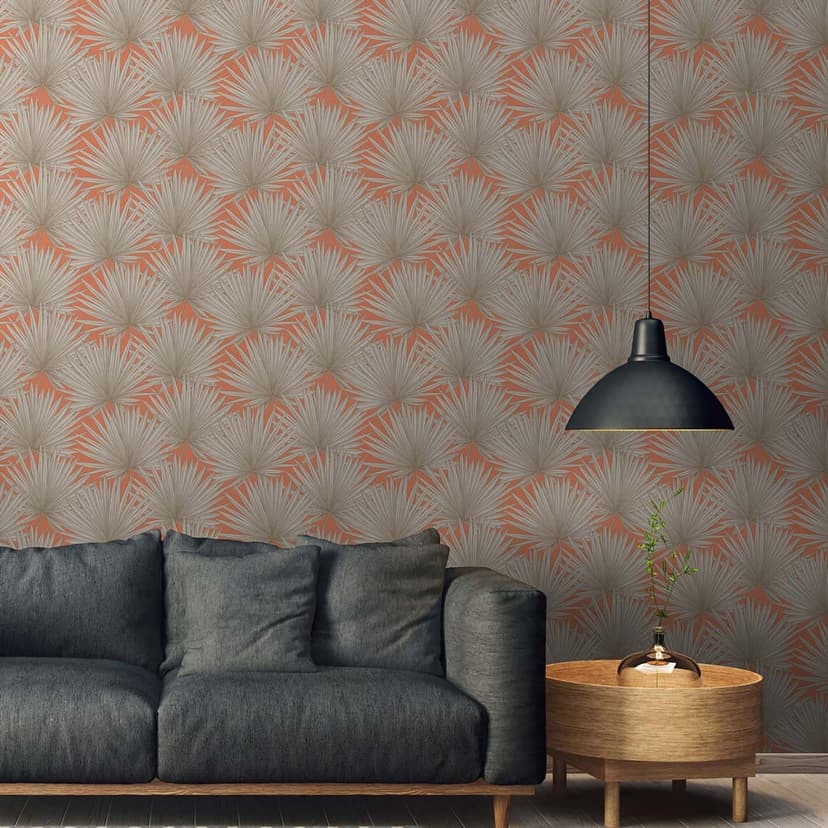 Non-woven tapet palmblad orange beige - djungel tapet vardagsrum