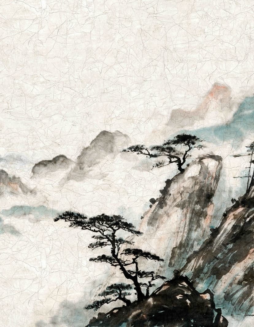 Fototapet Dimmiga berg i morgonljuset med tallsilhuett i japansk stil 3,4 x 2,65 m