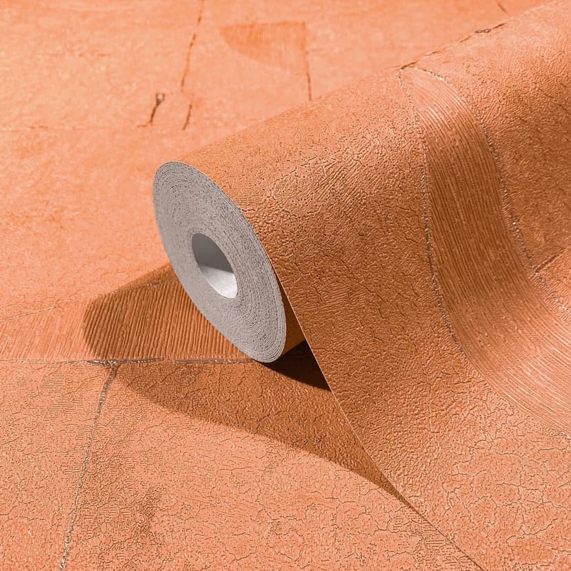 Non-woven tapet med gipslook i kakel orange, röd grafik