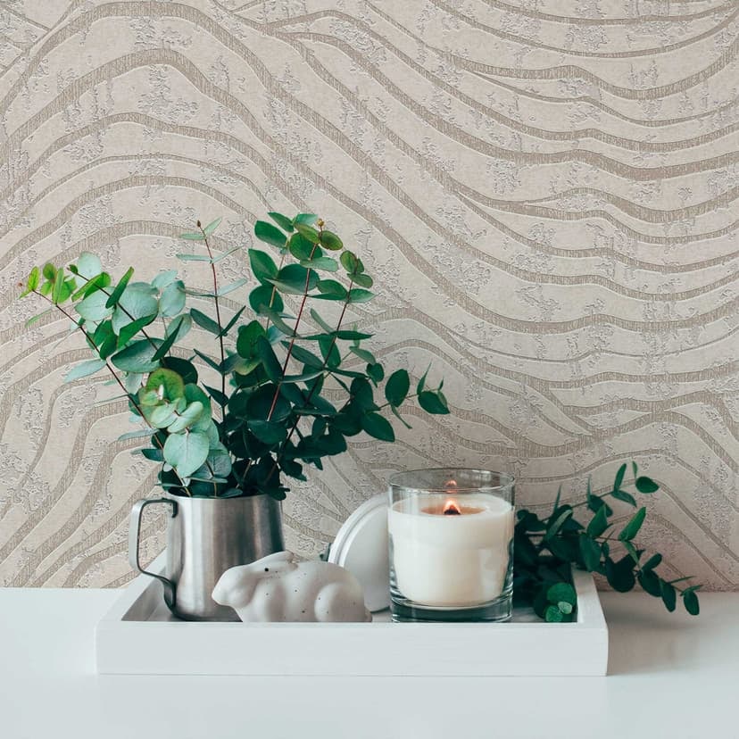 Abstrakt 3D-tapet med vågor vit silver - non-woven tapet metallic effekt - mönster tapet