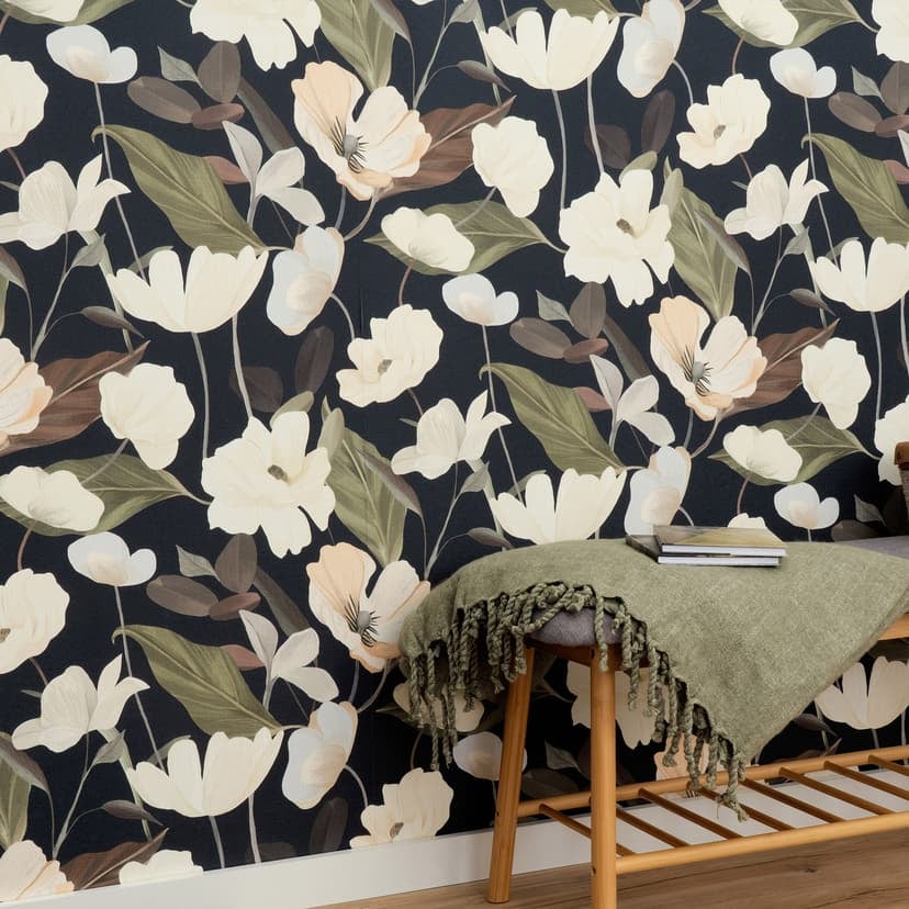 Icke-vävd tapet, tapet med blommotiv Secret Garden svart