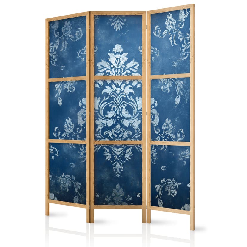 Japanischer Paravent Raumteiler - Retro Ornament -  Decorative Motif in Worn Blues, 3-teilig