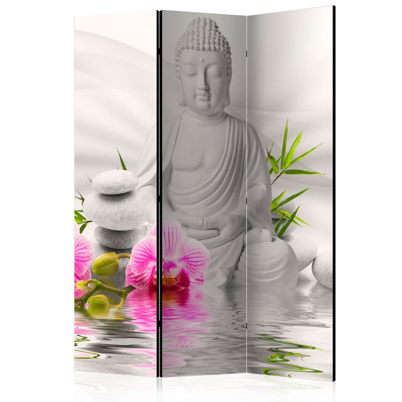 Paravent Raumteiler - Buddha im Orchideengarten, 3-teilig