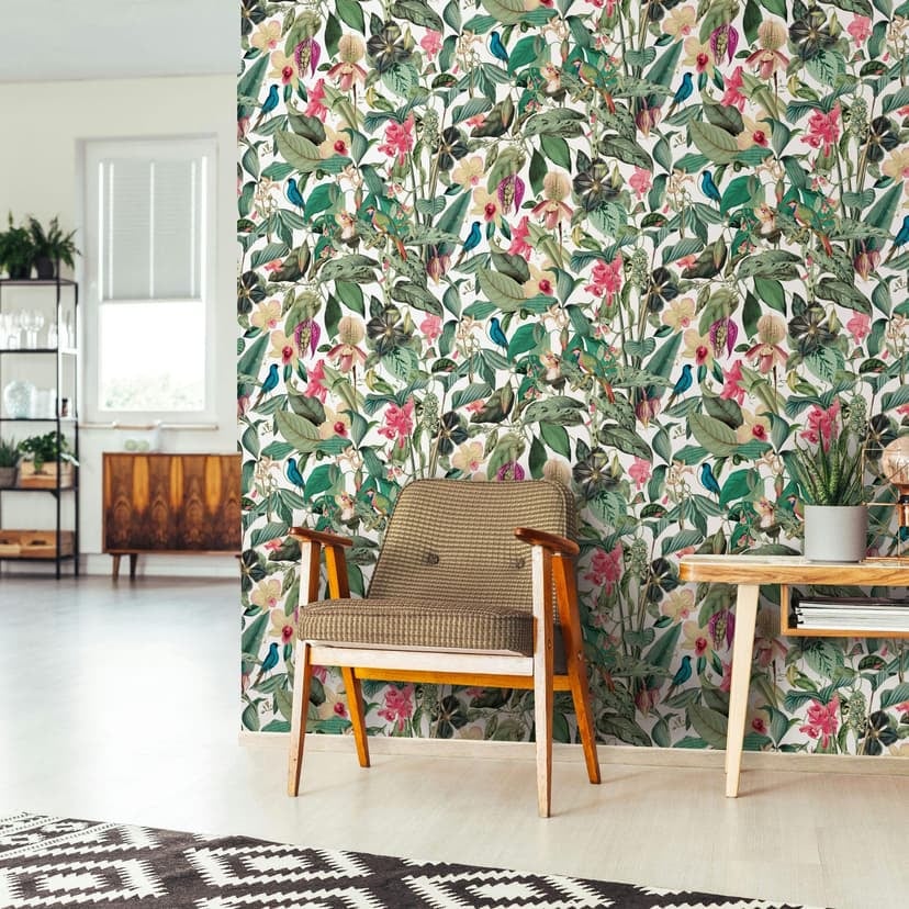 Non-woven tapet i vitt, gröna blad blommor blommig natur