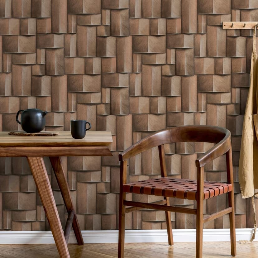 Non-woven tapet med geometriskt brunt trämotiv i 3D-look