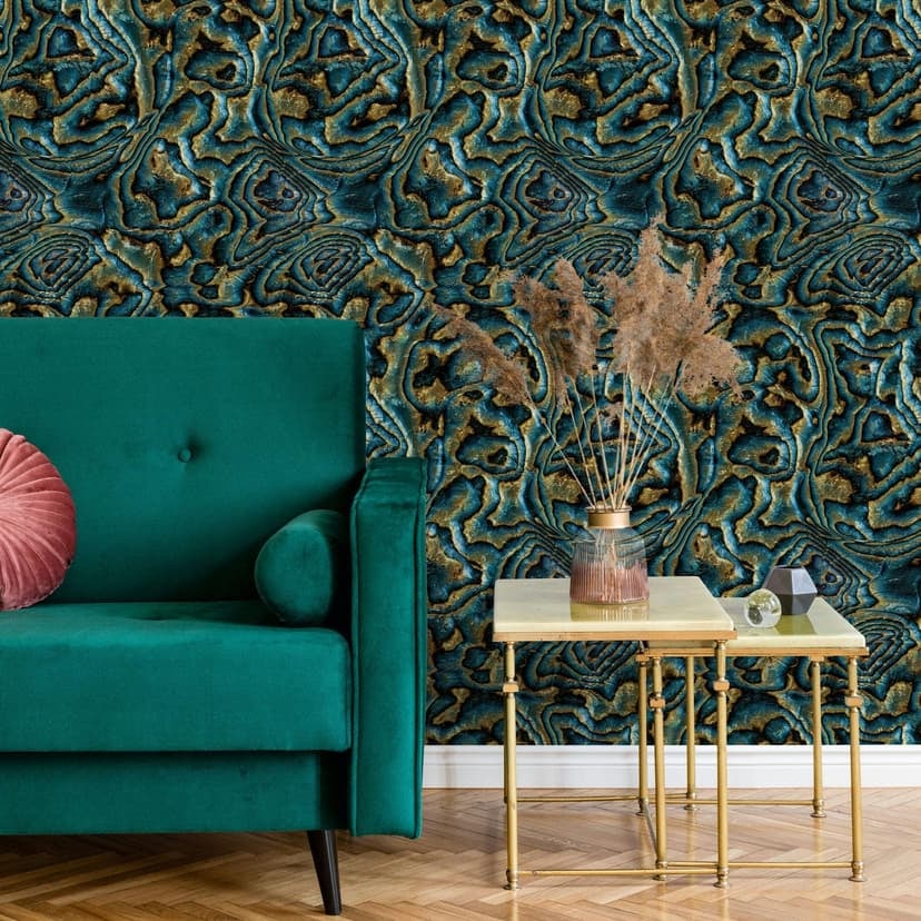 Non-woven tapet i blå, grön, brun marmor look sten grafisk modern