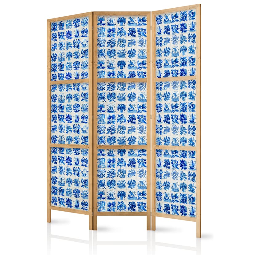Japanischer Paravent Raumteiler - Ceramic Tiles: Traditional Portuguese Blue, 3-teilig