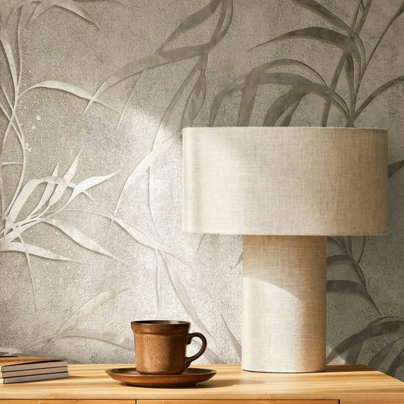 Non-woven tapet med blad i betonglook gråblommig