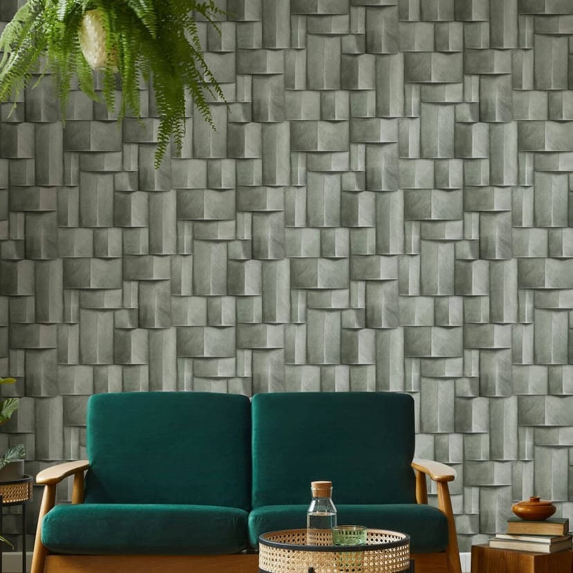 Non-woven tapet med geometriskt grönt trämotiv i 3D-look
