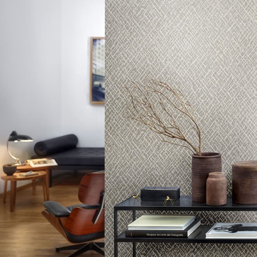 Non-woven tapet med glänsande gittermotiv beige, platinastruktur