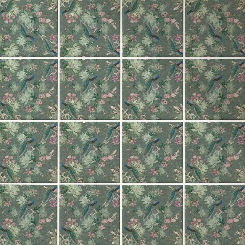 Kakeldekor påfågel i tropisk trädgård på mosaik - Bloomery Decor - Set om 12